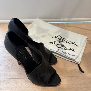 Alice + Olivia black leather d’Orsay peep toe heels, 8.5
